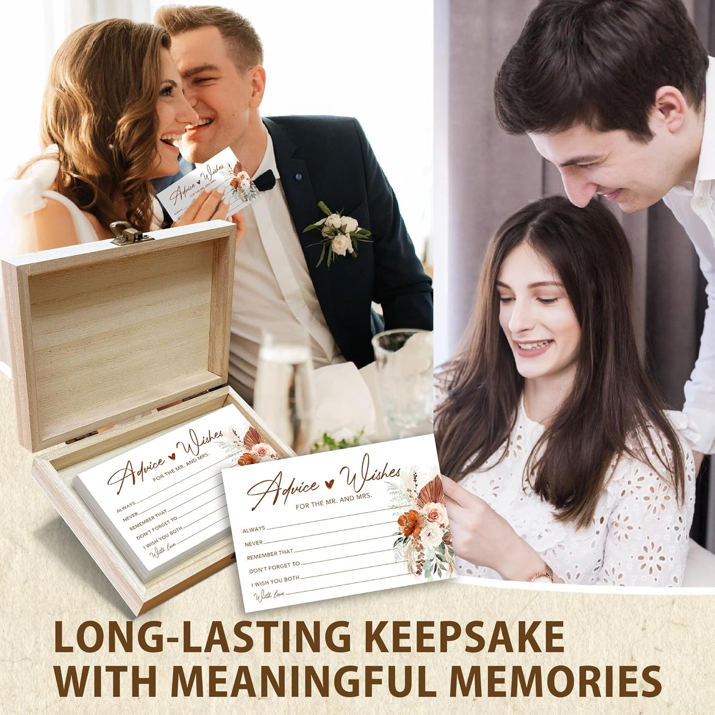 Boho Advice and Wishes for the Mr and Mrs - 50 Packs Wedding Advice Cards Bridal Shower Game Cards with Box Reception Guest Book for Bride Groom Newlywed Engagement Party Decoration -A08