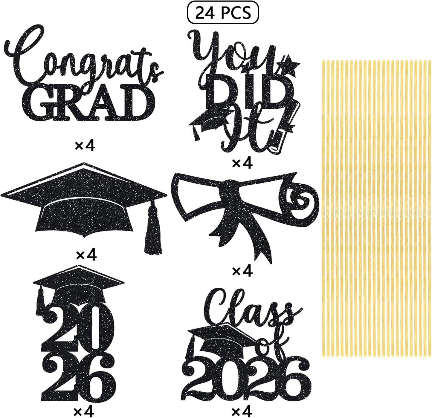 Graduation Centerpiece Sticks 24PCS Glitter Grad Picks Party Table Decor Senior High School College Sign Gold