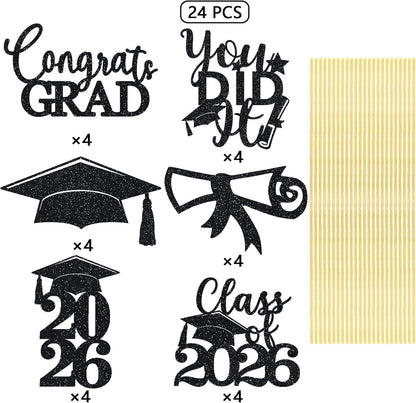 Graduation Centerpiece Sticks 24PCS Glitter Grad Picks Party Table Decor Senior High School College Sign Gold