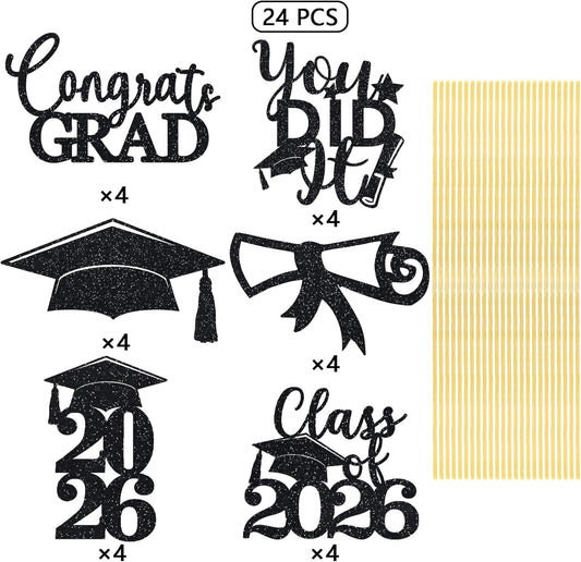 Graduation Centerpiece Sticks 24PCS Glitter Grad Picks Party Table Decor Senior High School College Sign Gold