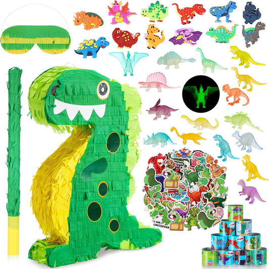 Hanaive 141 Pcs Dinosaur Piñata for Birthday Party, Dino Piñata Set with Blindfold and Baton, 16 x 12 x 3 Inch, Kids Dinosaur Themed Party Favors for Boys and Girls(Lovely Style)