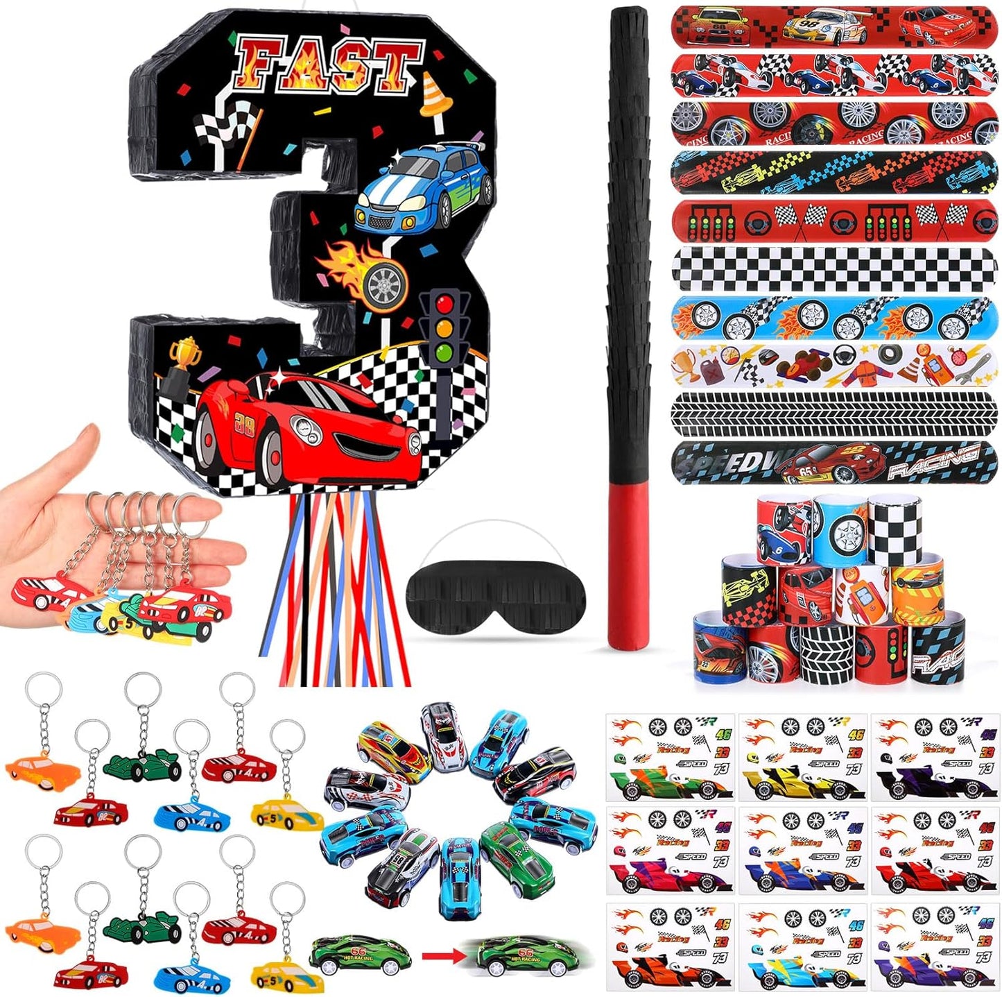 Pasimy Number 3 Piñata Race Car Party Favors Set with Black Red Birthday Piñata Stick Blindfold Slap Bracelet Keychain Sticker Racecar Party Gifts Birthday Decorations Goodie Bag Stuffer Supplies