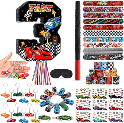 Pasimy Number 3 Piñata Race Car Party Favors Set with Black Red Birthday Piñata Stick Blindfold Slap Bracelet Keychain Sticker Racecar Party Gifts Birthday Decorations Goodie Bag Stuffer Supplies