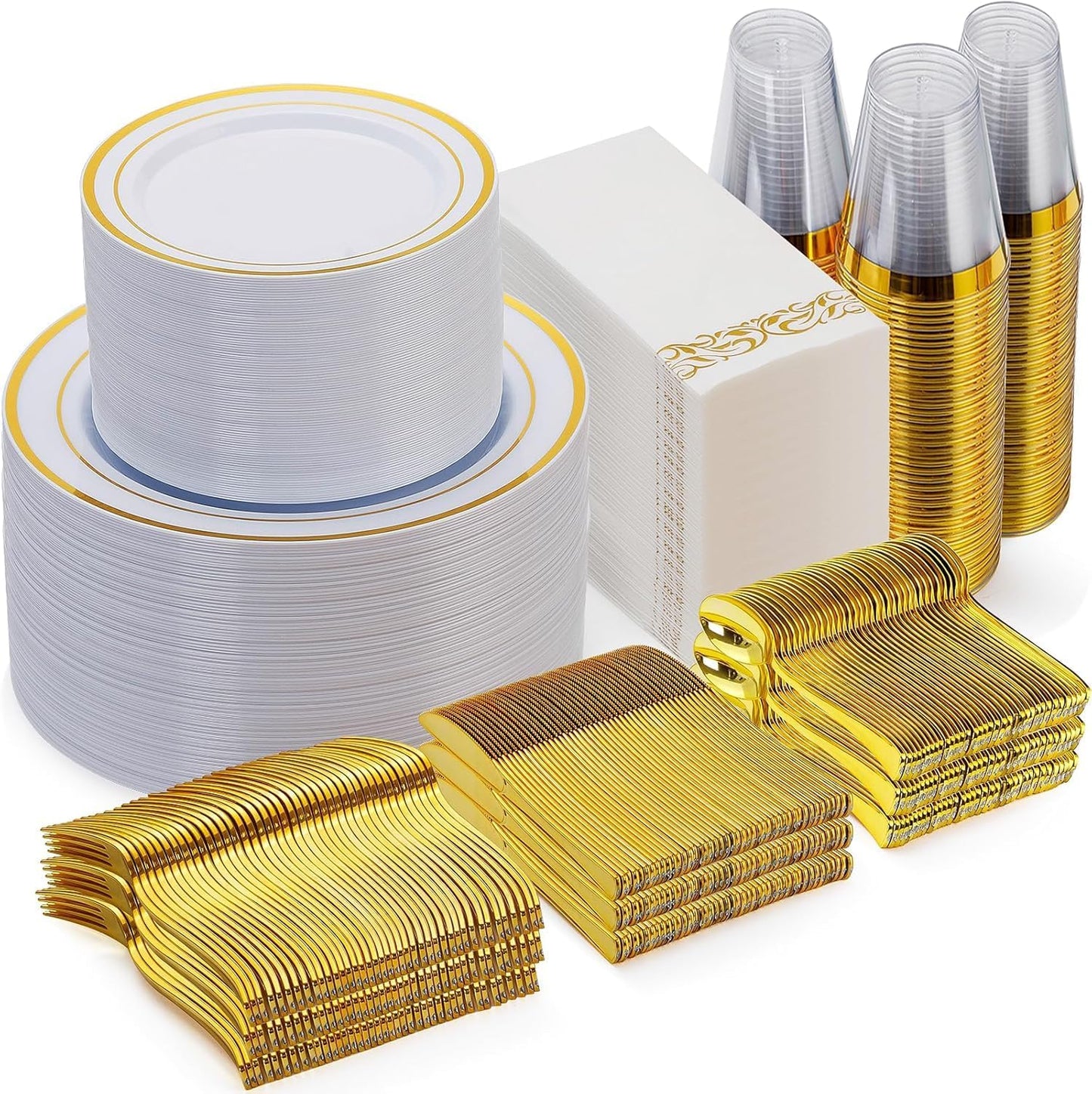 Goodluck 350 Pieces Gold Dinnerware Set for 50 Guests, Plastic Plates Disposable for Party, Include: 50 Gold Rim Dinner Plates, 50 Dessert Plates, 50 Paper Napkins, 50 Cups, 50 Gold Silverware Set