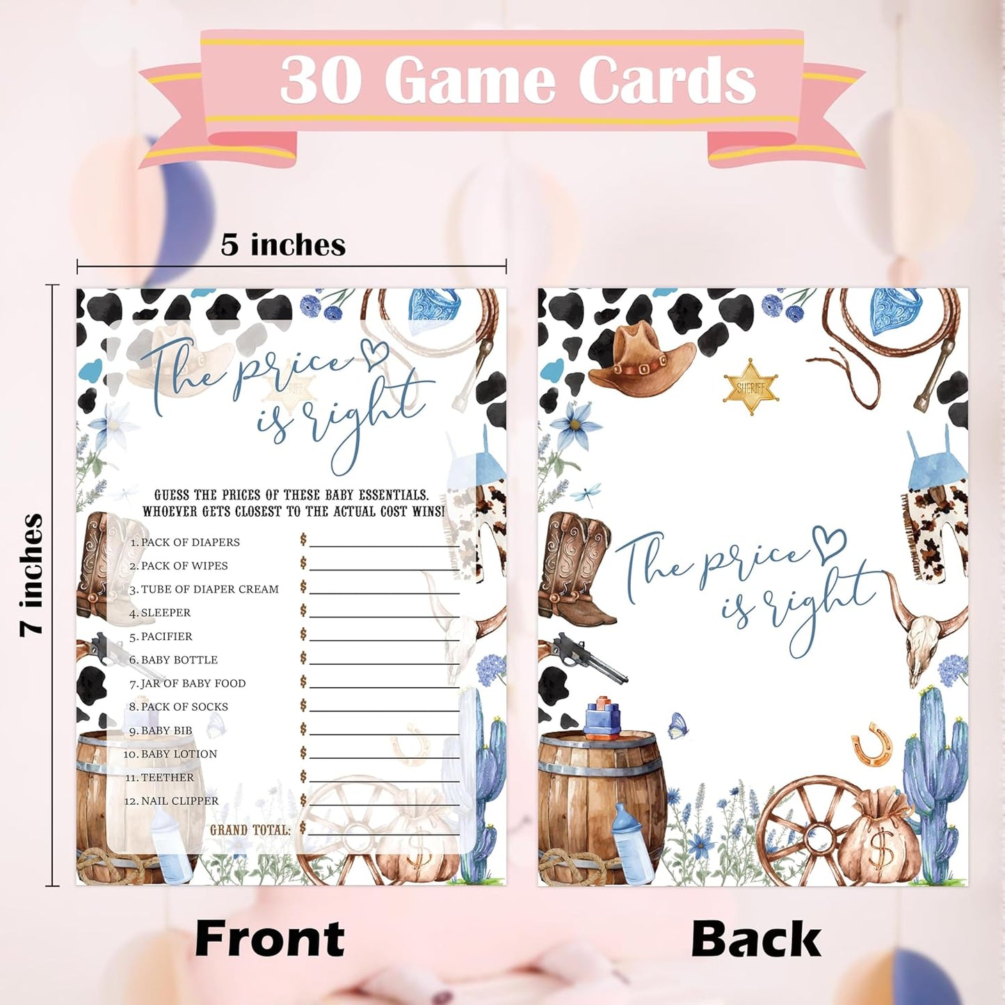 Cowboy Baby Shower Bingo Game, Pack of 30 Game Cards, Wild West Rodeo Shower Game, Gender Reveal Party Decorations, Gender Neutral - KR59