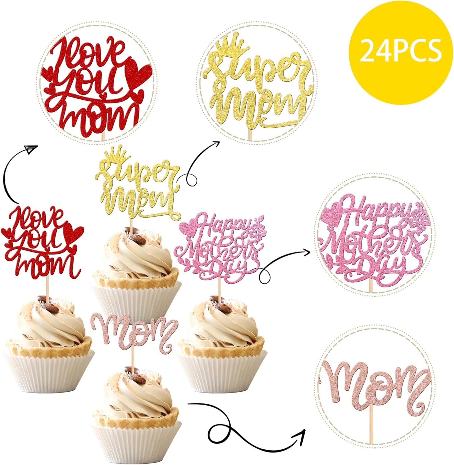 24 PCS Happy Mother's Day Cupcake Toppers with Glitter Heart Love Mother Best Mom Cupcake Picks for Happy Mother's Day Theme Women Birthday Party Cake Decorations Supplies Rose Gold
