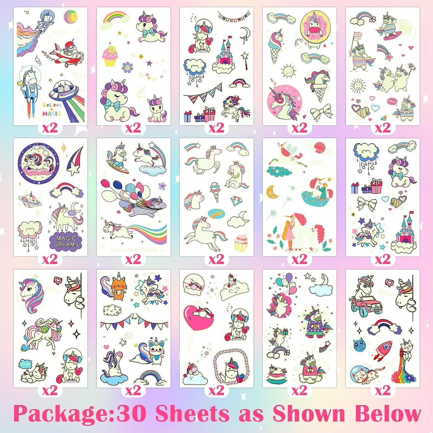 Partywind 380 Styles (30 Sheets) Luminous Tattoos for Kids, Mixed Styles Temporary Tattoos Stickers with Mermaid/Dinosaur/Space/Pirate for Boys and Girls, Glow Party Supplies
