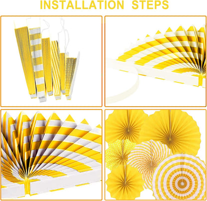 LRCXL 12PCS Party Hanging Paper Fans Set, Fiesta Round Pattern Paper Garlands Decoration Party Supplies for New Year Baby Shower Birthday Wedding Graduation Events Accessories(Yellow)