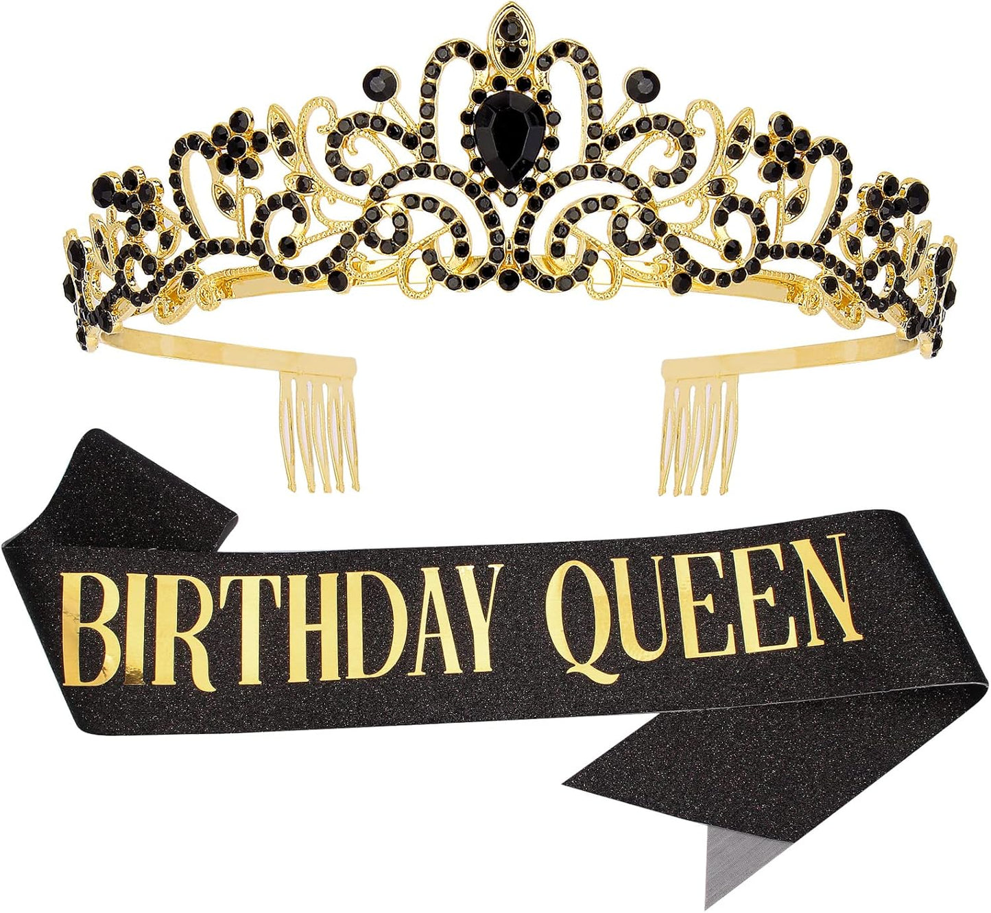 COCIDE Birthday Queen Sash & Rhinestone Tiara Set Gold Happy Birthday Crowns for Women Party Decoration Kit Rhinestone Headband for Women Glitter Crystal Hair Accessories for Cake Topper