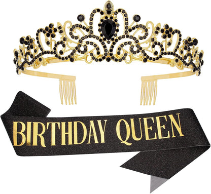 COCIDE Birthday Queen Sash & Rhinestone Tiara Set Gold Happy Birthday Crowns for Women Party Decoration Kit Rhinestone Headband for Women Glitter Crystal Hair Accessories for Cake Topper