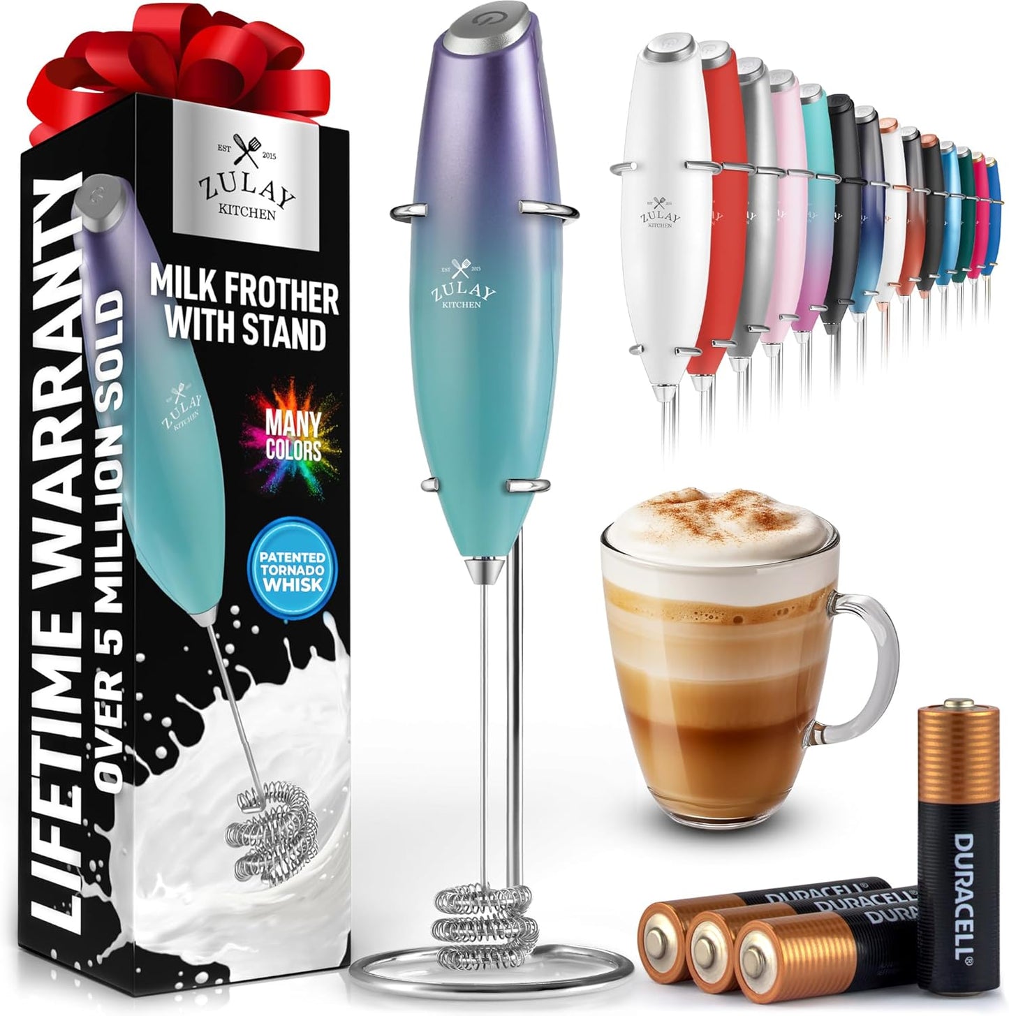 Zulay Kitchen Powerful Milk Frother Wand With Duracell Batteries - Ultra Fast Handheld Drink Mixer - Electric Whisk Foam Maker for Coffee, Lattes, Cappuccino & Matcha - Z1 Motor - Black - Colors D
