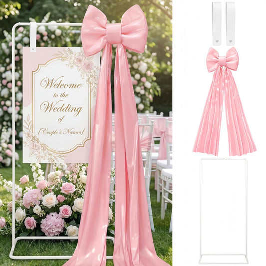 LEIFIDE Wedding Welcome Sign Stand with Giant Bow Adjustable Wedding Sign Holder with 2 Leather Hanging Straps Seating Chart Easel for Birthday Bridal Shower Home Party Decor(White)