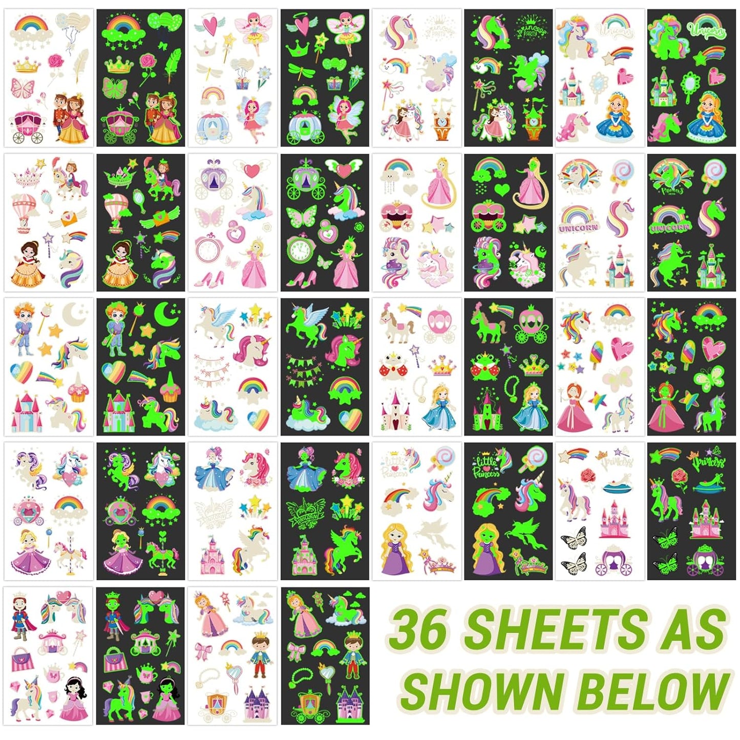 252+ PCS Glow Unicorn Princess Temporary Tattoo for Kids, 36 Sheets Rainbow Castle Candy Star Prince Fake Tattoos Sticker for Girls Boys, Luminous Birthday Magic Fairy Theme Party Favors Decoration