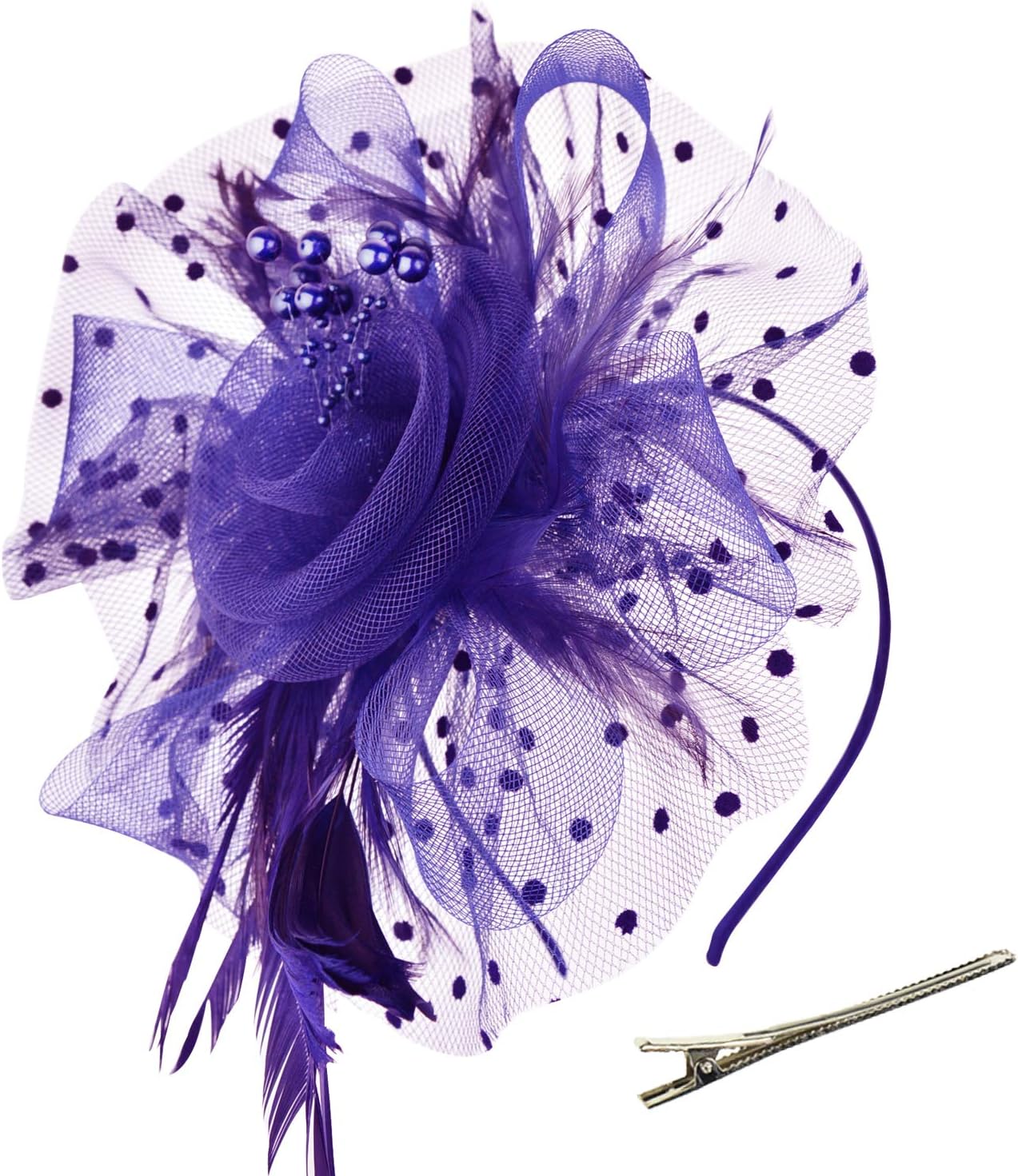 DRESHOW Fascinators Hat Flower Mesh Ribbons Feathers on a Headband and a Clip Tea Party Headwear for Girls and Women - Colors A