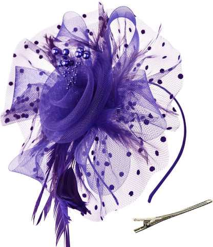 DRESHOW Fascinators Hat Flower Mesh Ribbons Feathers on a Headband and a Clip Tea Party Headwear for Girls and Women - Colors A