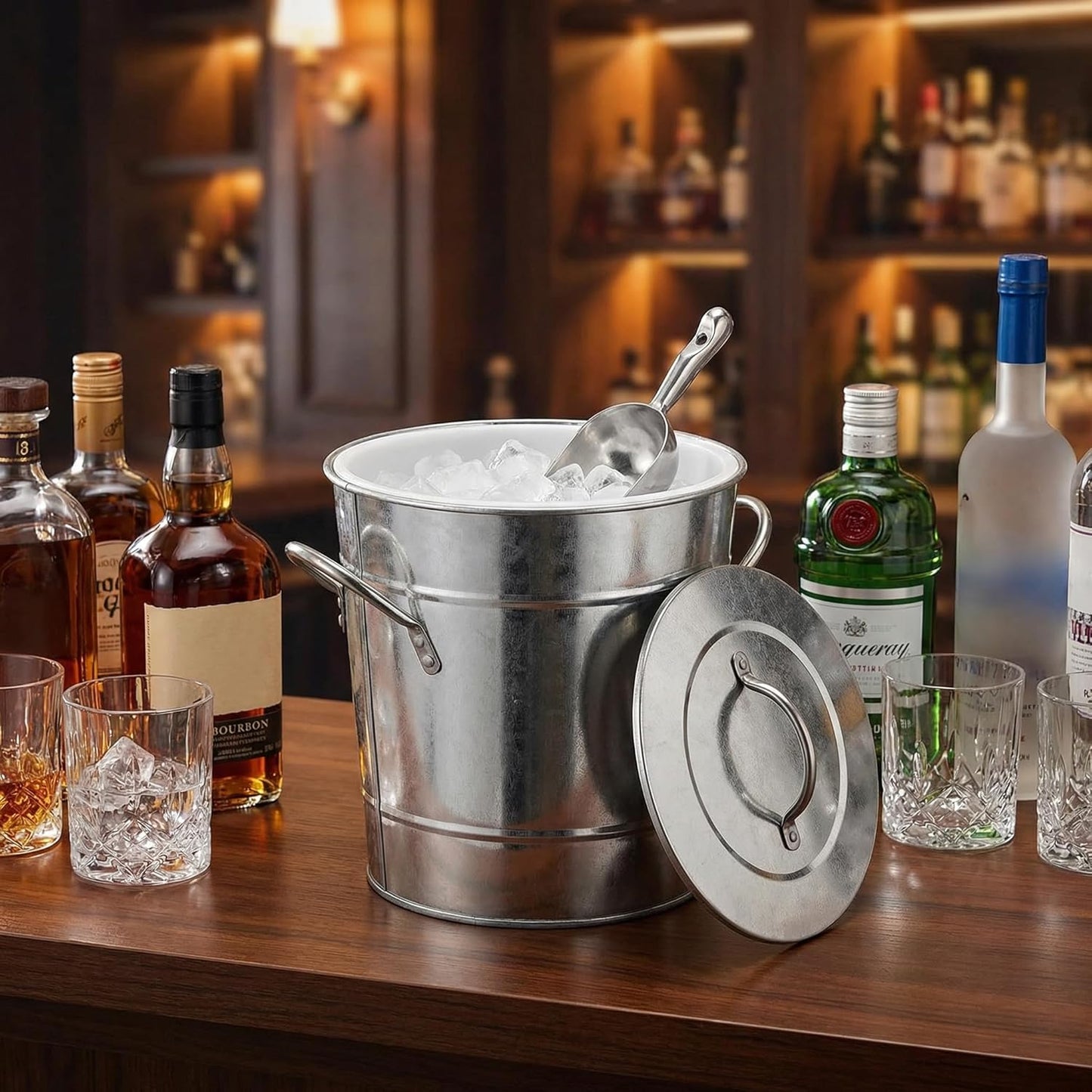 4L Double Walled Insulated Ice Bucket with Lid & Scoop, Silver Ice Bucket for Parties & Bar - Portable Beverage Tub w/Carry Handles, Indoor/Outdoor Wine Chiller