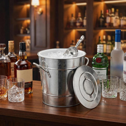 4L Double Walled Insulated Ice Bucket with Lid & Scoop, Silver Ice Bucket for Parties & Bar - Portable Beverage Tub w/Carry Handles, Indoor/Outdoor Wine Chiller