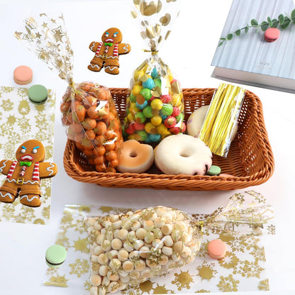 100 Pcs Star Printed 5"X 7" Gift Wrap Cello Cellophane Treat Bags Party Favor bags Clear Candy Cookie Bag Plastic Poly Goodie Storage Bag with Twist Ties for Bakery,Birthday, Wedding ,Party Decorations (Gold)