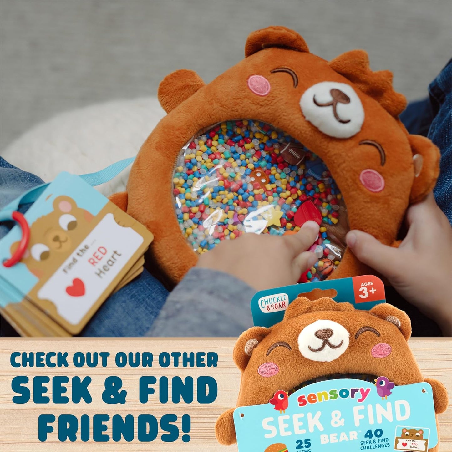 Chuckle & Roar Sensory Seek & Find Scavenger Hunt Bear – Plush Travel Toy with Hidden Objects, 40 No-Reading Challenge Cards, Sensory Activity for Focus & Calm, Toddler Gift Ages 3+