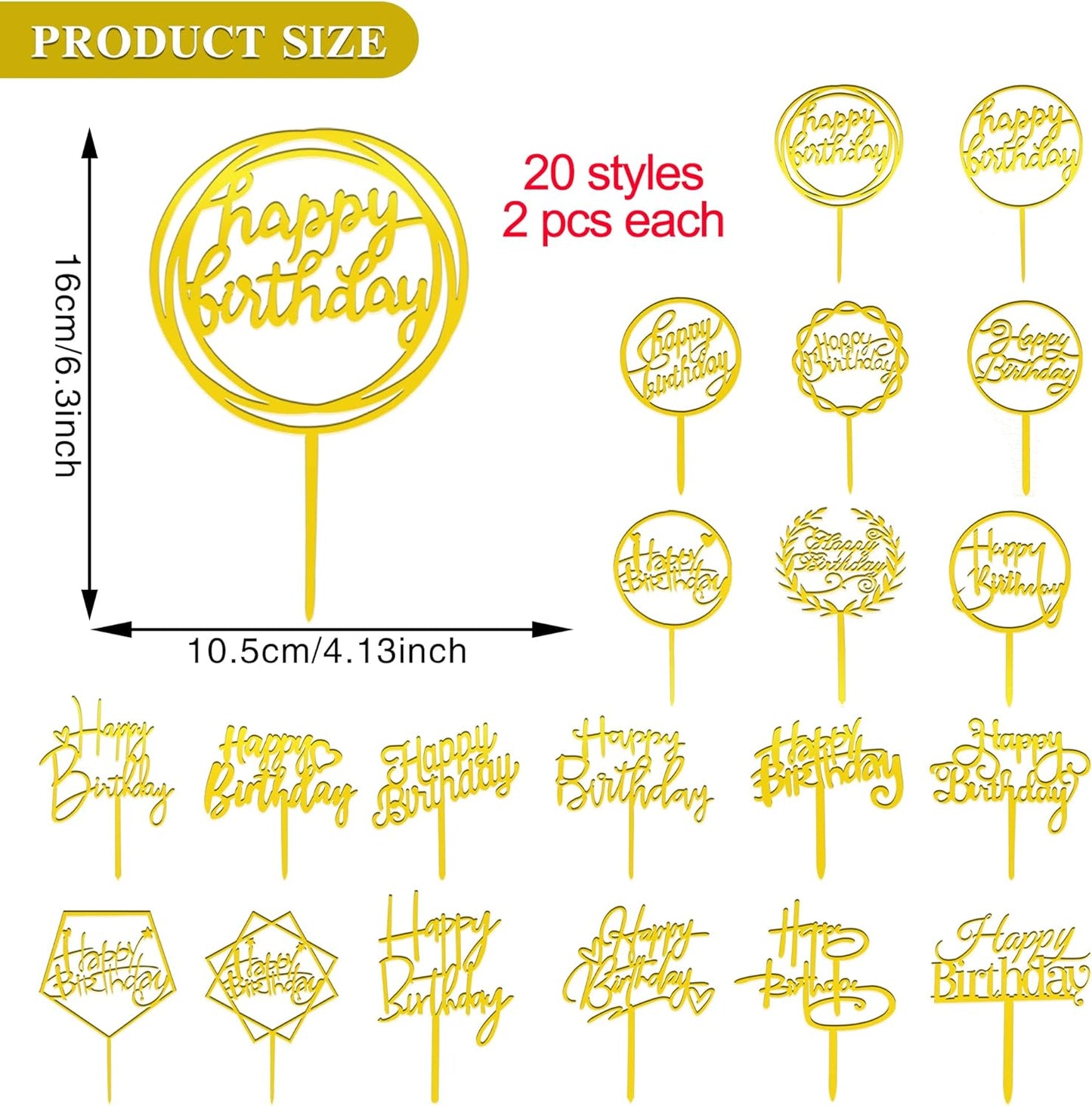 40 PCS Happy Birthday Cake Topper Acrylic Cupcake Topper A Series of Birthday Cake Supplies Decorations 10 Styles 4 Colors