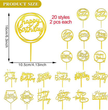 40 PCS Happy Birthday Cake Topper Acrylic Cupcake Topper A Series of Birthday Cake Supplies Decorations 10 Styles 4 Colors
