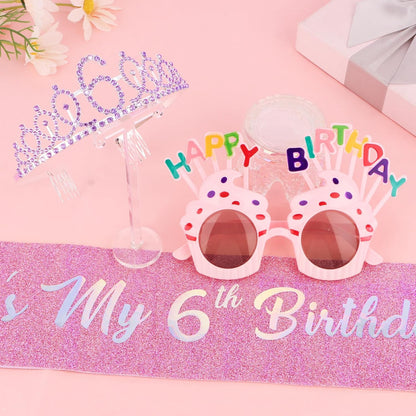 YARIEW 3rd Birthday Decorations, 3rd Glitter Purple Sash and Crown Kit with Happy Birthday Sunglasses, Tiara Princess Crown and Sash Party Outfit Accessory