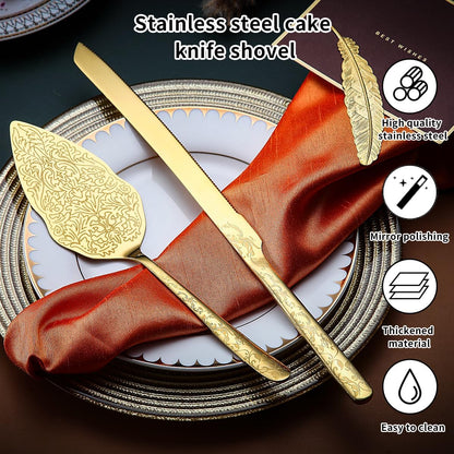 Berglander Gold Wedding Cake Knife and Server Set, Titanium Gold Plating With Unique Pattern Design Cake Cutter Serving Set Perfect For Wedding, Birthday, Parties and Events Dishwasher Safe