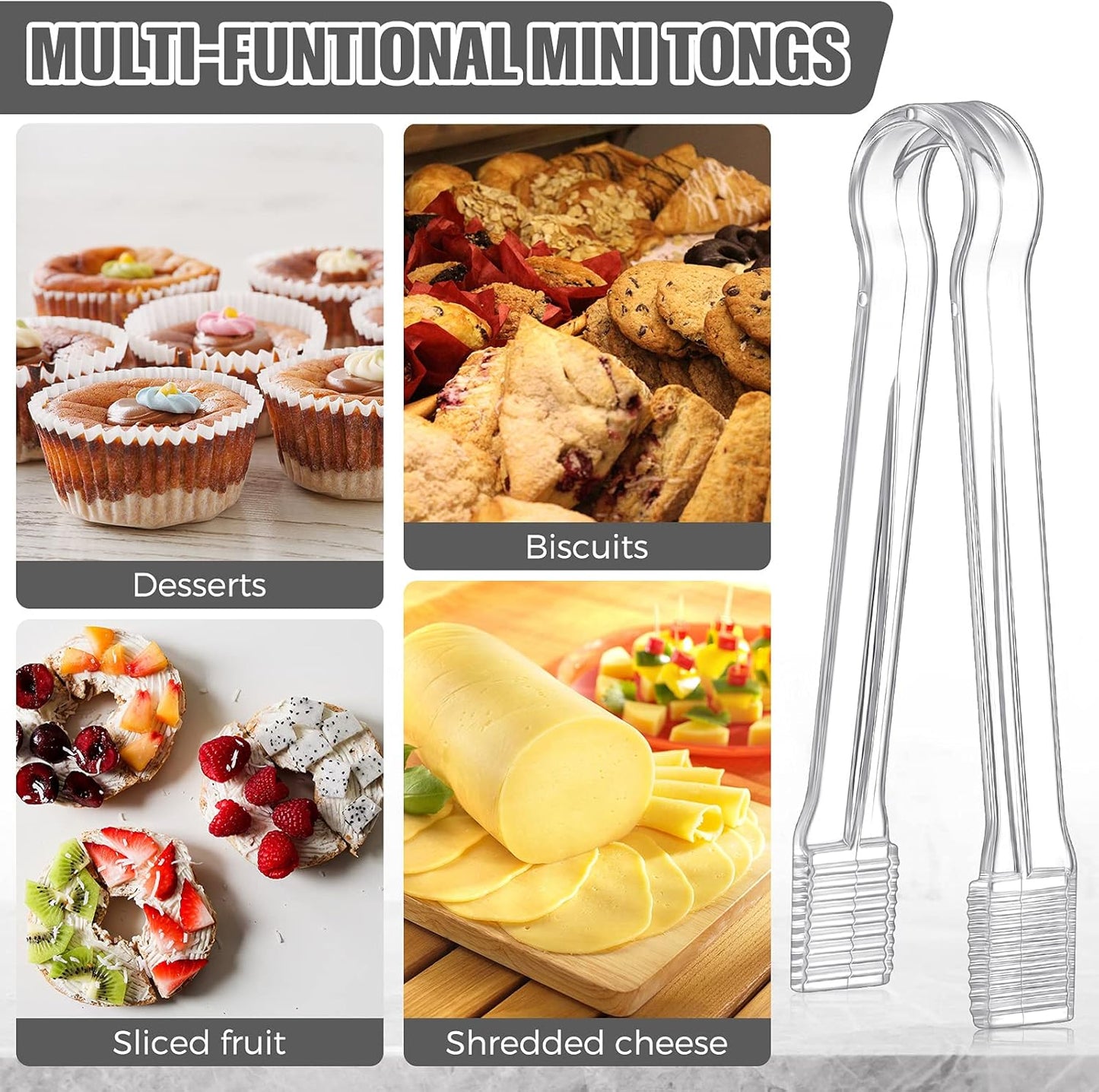 Didaey 8-Piece Plastic Tongs - Clear Mini Serving Utensils, 6.3 Inch Small Tongs for Food, Ice, Salad, Buffet, Weddings, Barbecue Party