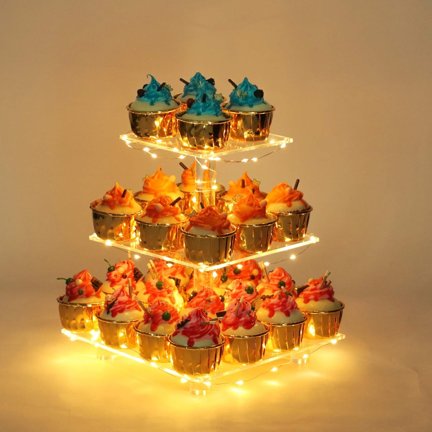 YestBuy Cupcake Stand with Yellow Led Lights, 4 Tier Cupcake Stand for 50 Cupcakes, Acrylic Cupcake Tower Stand, Clear Tiered Cupcake Holder for Birthday Cady Bar Décor Weddings, Parties Events