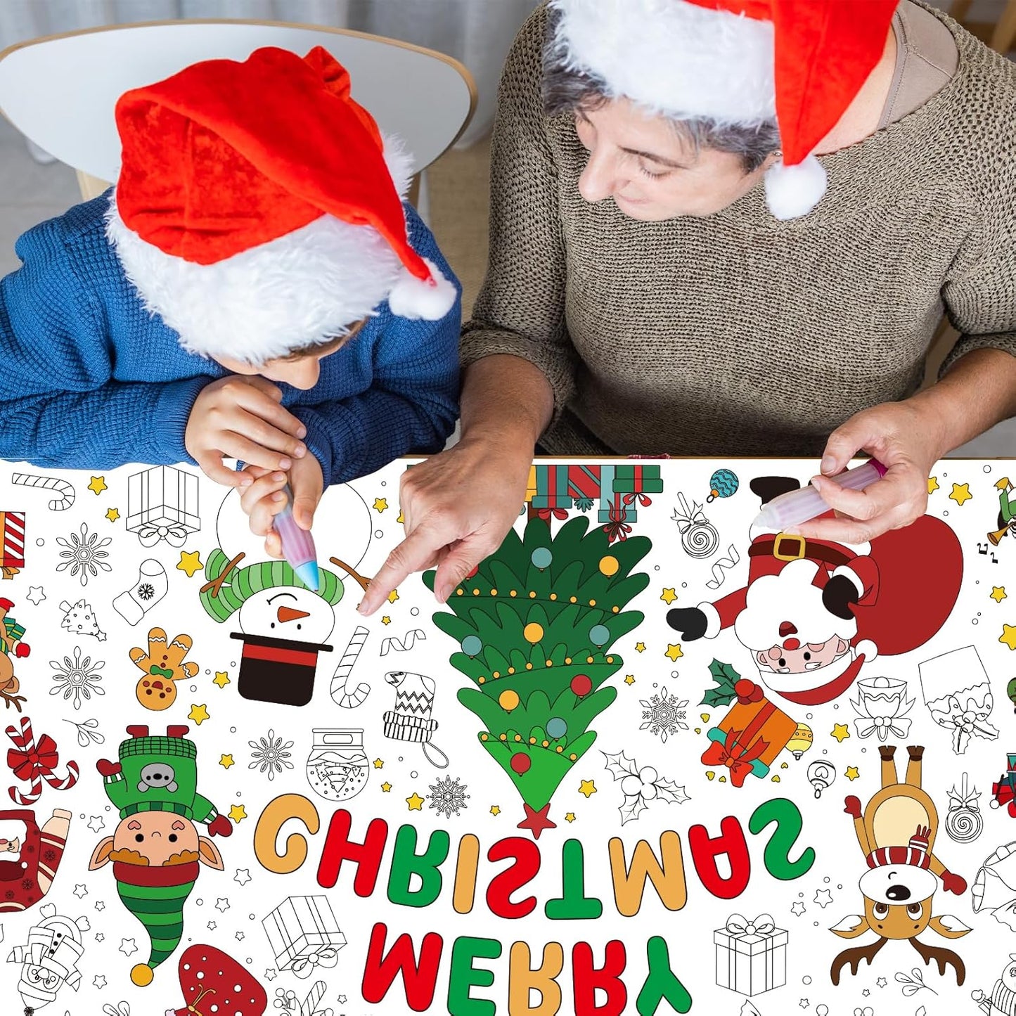 Christmas Coloring Tablecloth for Kids, 71 x 31 Large Inch Xmas Coloring Poster Table Cover, Holiday Doodle Crafts for Classroom, Family Party, Christmas Games and Activities Supplies
