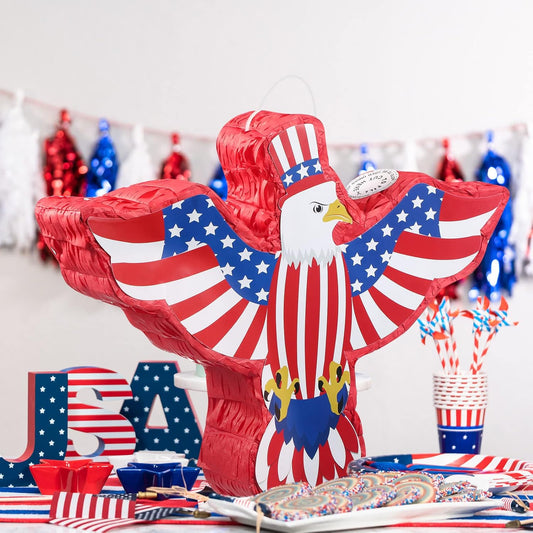Hicarer Patriotic Piñata with Red White Blue Piñata Stick Blindfold and Pentagram for Adult Memorial Day 4th of July Independence Day Patriotic Party Decorations Supplies(Eagle)