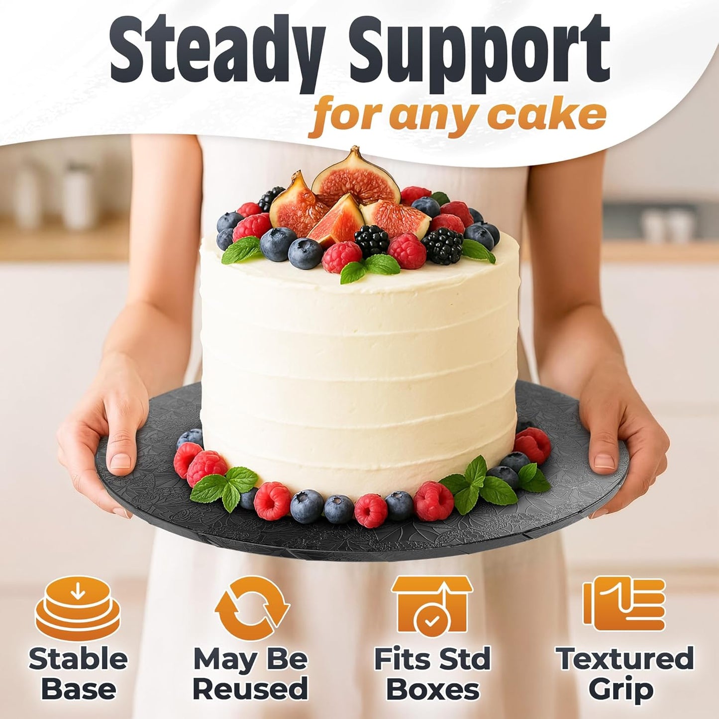 12 Inch Cake Drum, Black Cake Board for Picture-Ready Celebration Cakes, 1/2 Inch Thick Round Cardboard Base with Grease & Moisture Resistant Surface and Decorative Pattern for Parties and Weddings