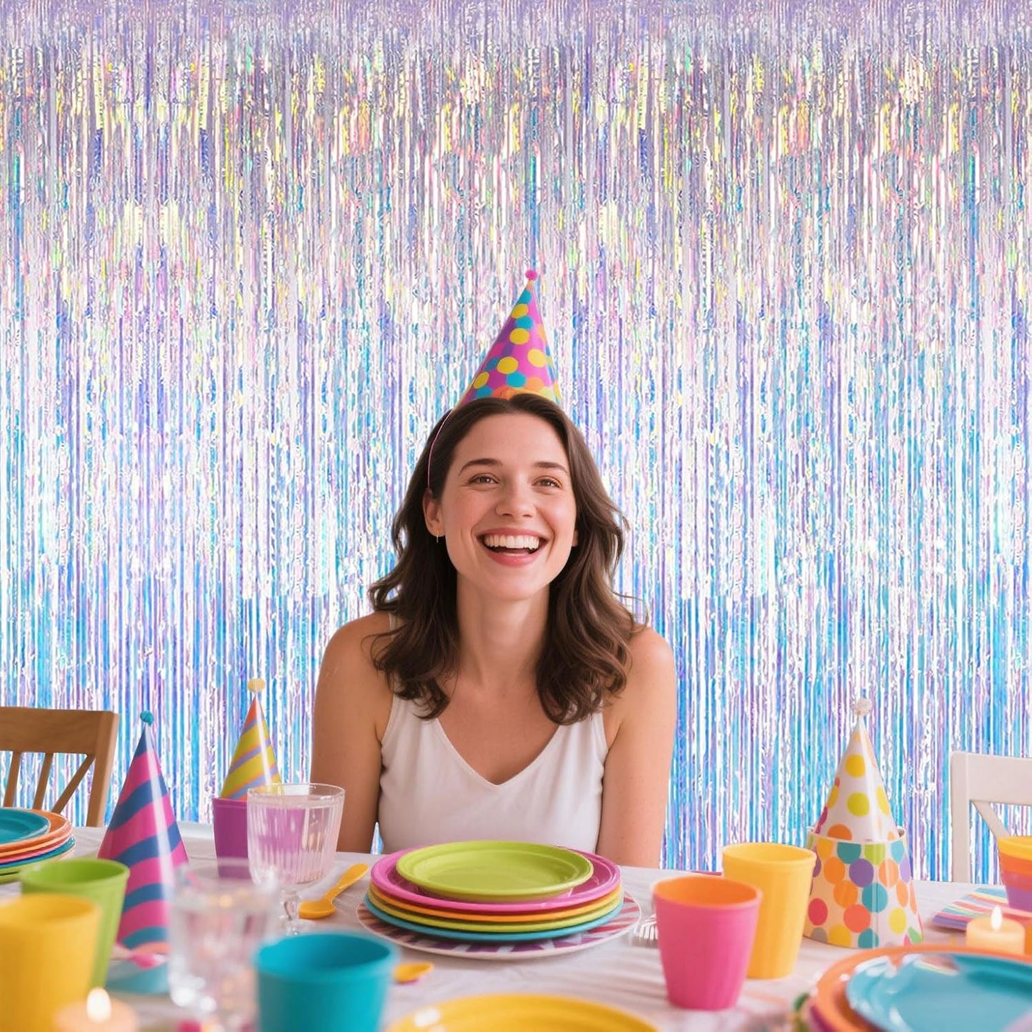 Iridescent Party Decorations Fringe Backdrop, Sparkling Holographic Foil Fringe Tinsel Curtains for Frozen Mermaid Birthday Party Decor - 3.28x6.56ft 2 Packs