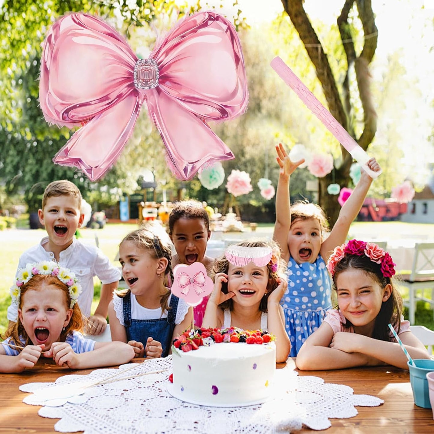 Princess Castle Pinata Set - Coquette Pink Castle Pull String Piñata with Blindfold and Stick for Girls Princess Themed Birthday Party Decorations, Winter Fairy Piñata (16.5 x12.4'')