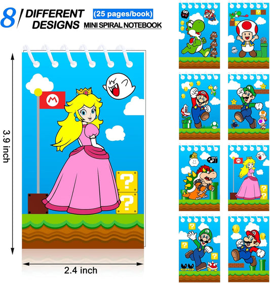 Mario Birthday Party Supplies, 24Pcs Mini Notepads for Mario Birthday Party, Goodie Bag Stuffers, Children Classroom Rewards, 8 Types