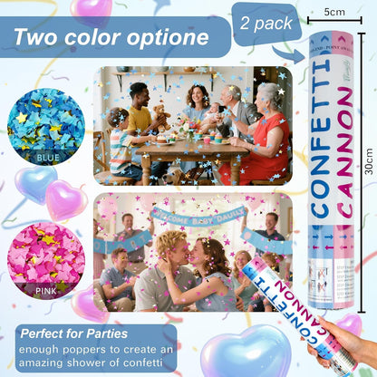 2 Pack Gender Reveal Confetti Cannon, 12 in Pink Square shaped Paper Party Poppers Cannons, Confetti Poppers For Baby Girl Gender Reveal Baby Showers (Square, Pink)