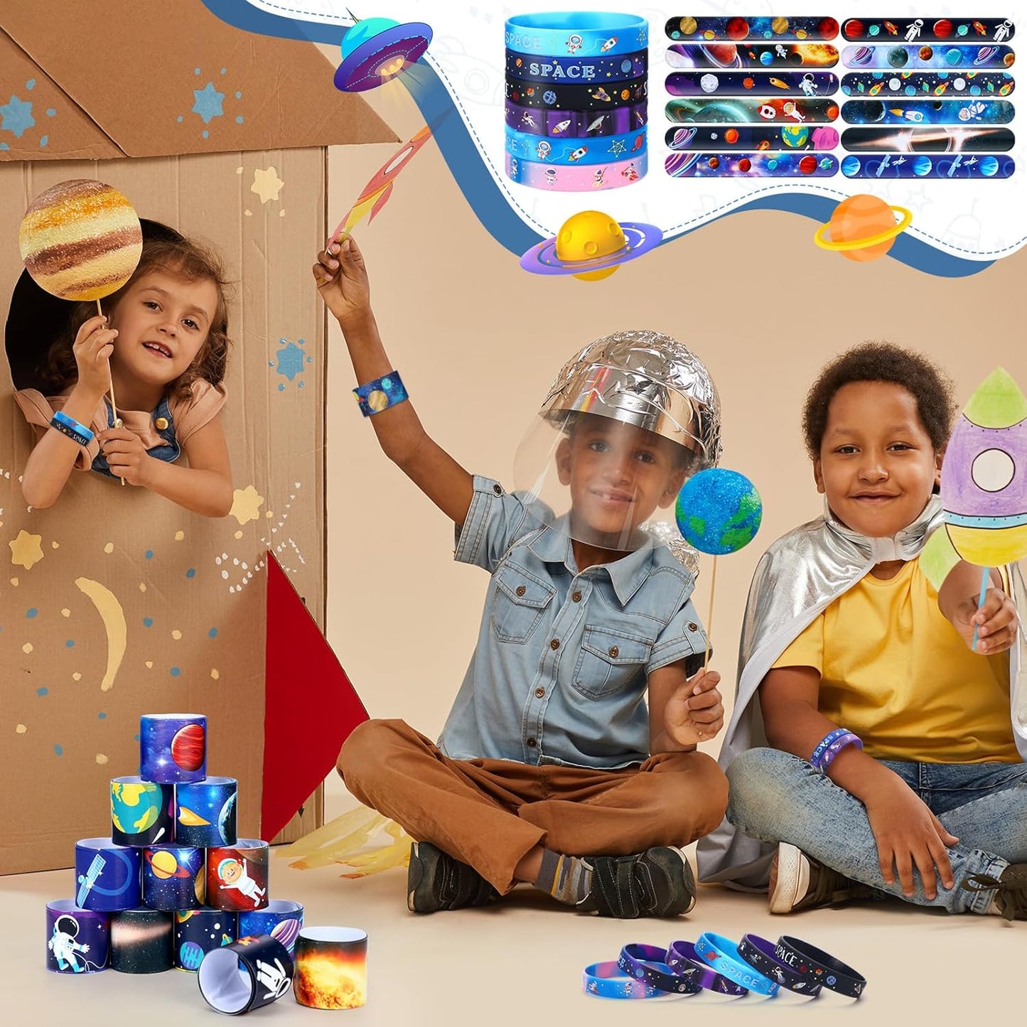 Realspring 48 Pcs Outer Space Party Favors 24 Space Slap Bracelets 24 Silicone Wristbands Galaxy Astronaut Bracelets Bulk for Kids Classroom Rewards Stars Solar System Planet Birthday Party Supplies