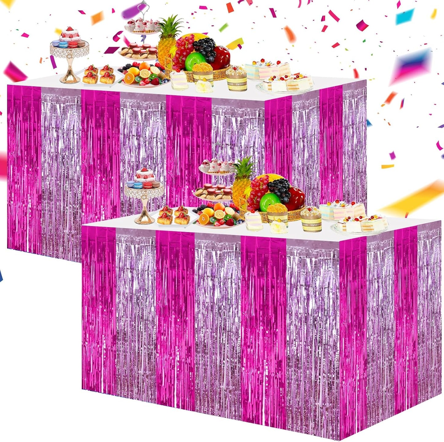 BEISHIDA 2 Pack Metallic Tinsel Foil Fringe Table Skirts for Rectangle & Round Tables Hot Pink Kids' Birthday, Holiday Cartoon Party Decorations for Birthday Valentines Baby Shower Festive Events