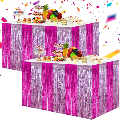 BEISHIDA 2 Pack Metallic Tinsel Foil Fringe Table Skirts for Rectangle & Round Tables Hot Pink Kids' Birthday, Holiday Cartoon Party Decorations for Birthday Valentines Baby Shower Festive Events