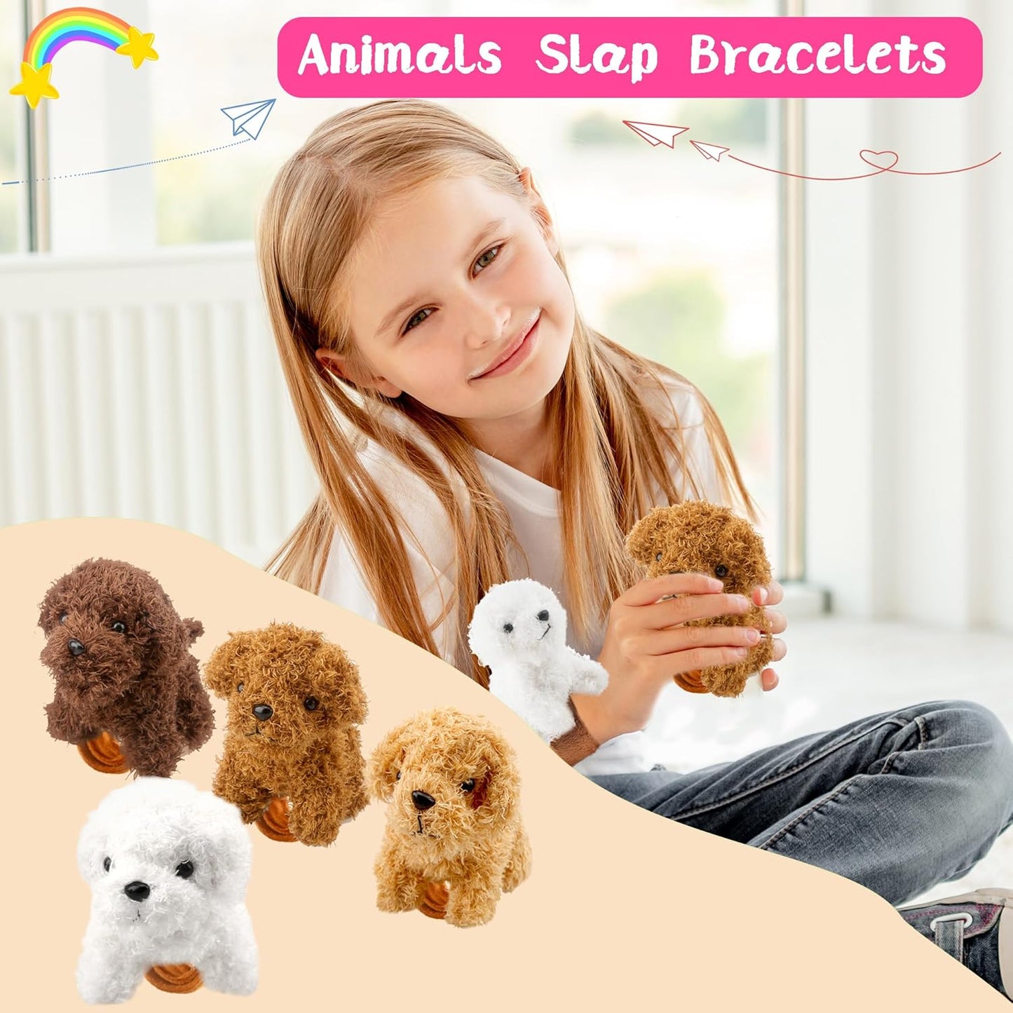 12 Pcs Stuffed Dog Animal Slap Bracelets Plush Puppy Slap Bracelets Teddy Dog Stuffed Slap Wrist Bracelets Bulk for Birthday Party Gifts Favors Goodie Bag Fillers