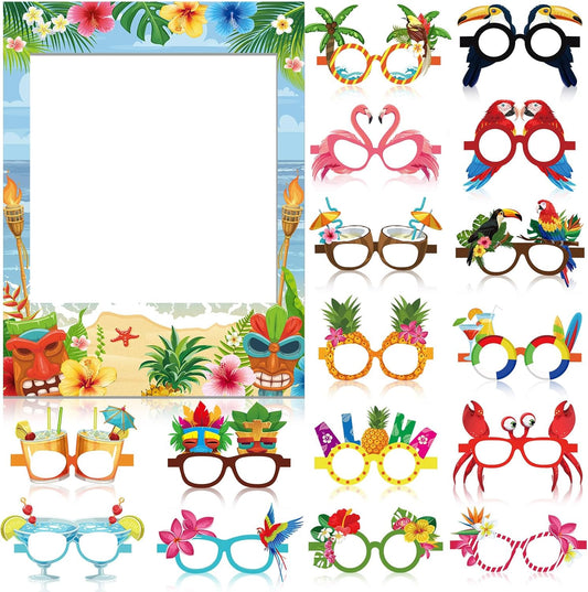 Jenaai Hawaiian Photo Booth Props Kit Luau Party Decorations 1 Hawaiian Photo Booth Frame 16 Summer Paper Eyeglasses Pool Party Selfie Props for Tropical Hawaii Luau Beach Tiki Decoration Supplies