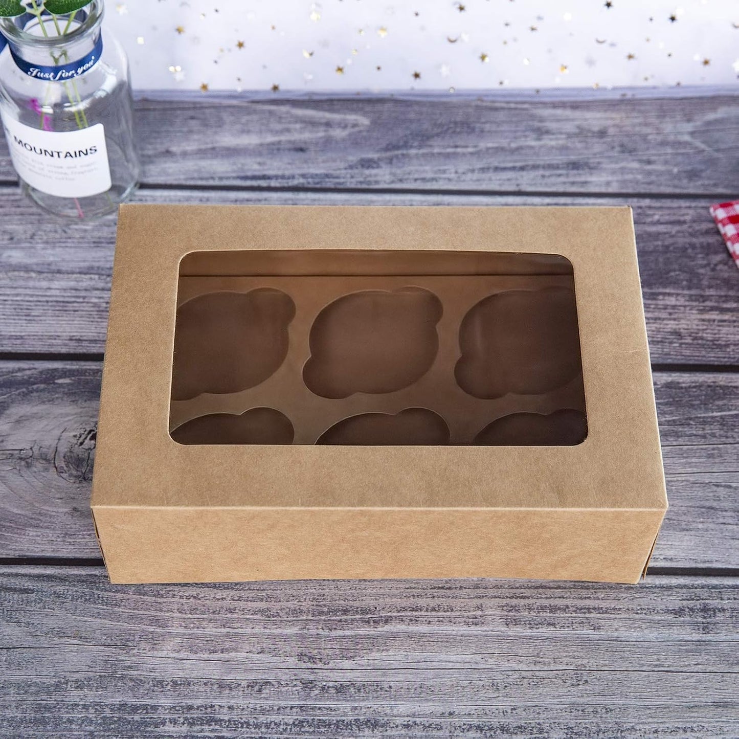 ONE MORE Cupcake Boxes with Inserts 6 Holders,9.5x6.3x3inch Large Brown Kraft Standard Bakery Boxes with Window Food Grade Cake Carrier Container for Muffins Gift Treat Box Bulk,Pack of 15