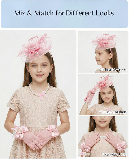Girls Tea Party Fascinators Hats for Kids Fascinator Tea Party Hat Headband with Gloves Accessories for Girls