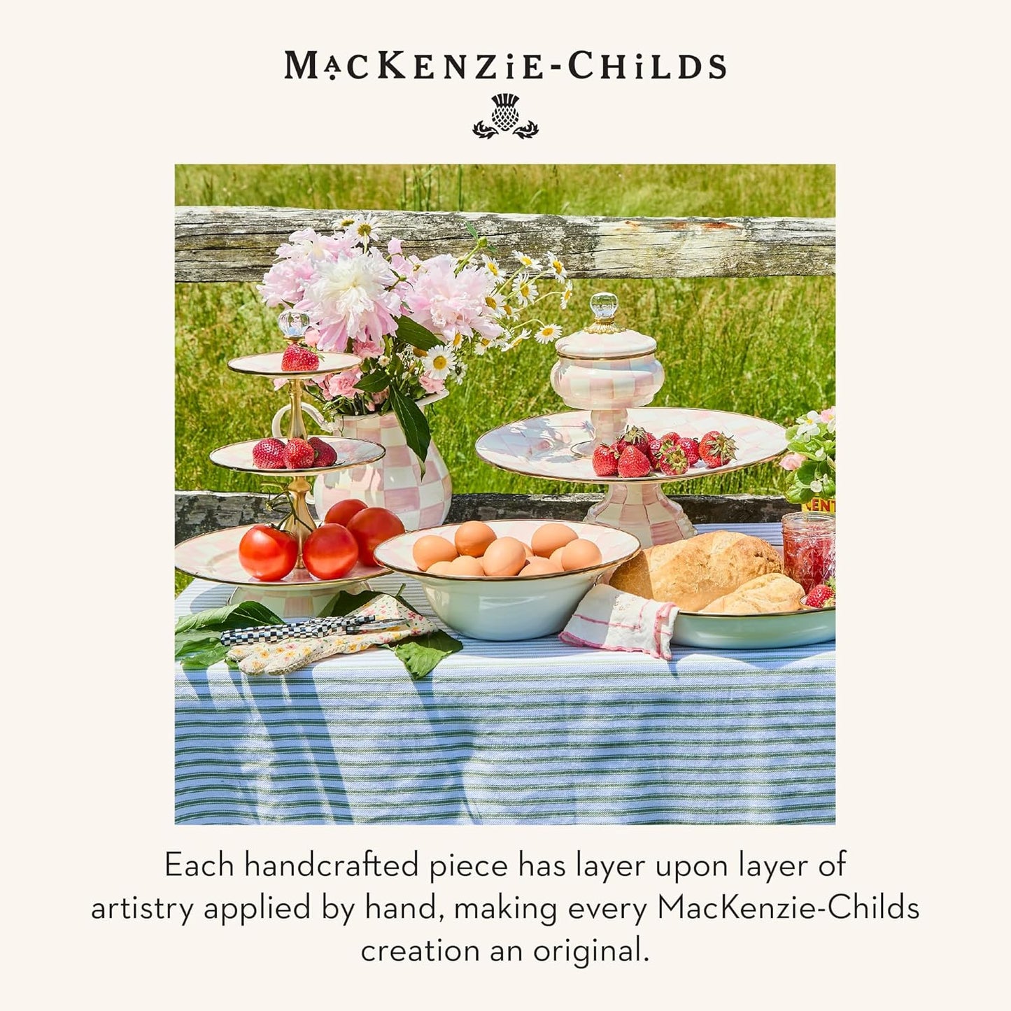 MACKENZIE-CHILDS Enamel Pedestal Platter, Round Cake Stand, Large, Black-and-White Courtly Check