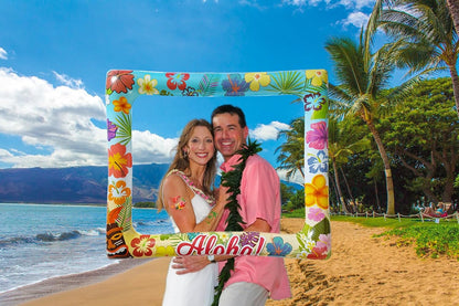 Hawaii Luau Photo Booth Props Inflatable Selfie Frame with 3 Sheets Temporary Tattoos-27.9x23.2 Inch Hawaiian Photo Booth Props Luau Photobooth Frame for Tropical Summer Beach Party Decorations