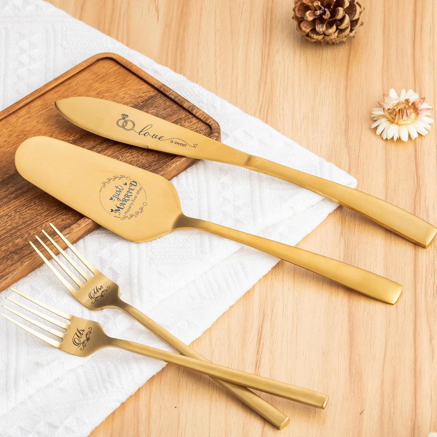 Wedding Cake Knife and Server Set, Bride Groom Mr and Mrs Champagne Flutes Glasses, Cake Cutting Set for Wedding with Forks, Bridal Shower Gifts Wedding Anniversary Engagement Gifts