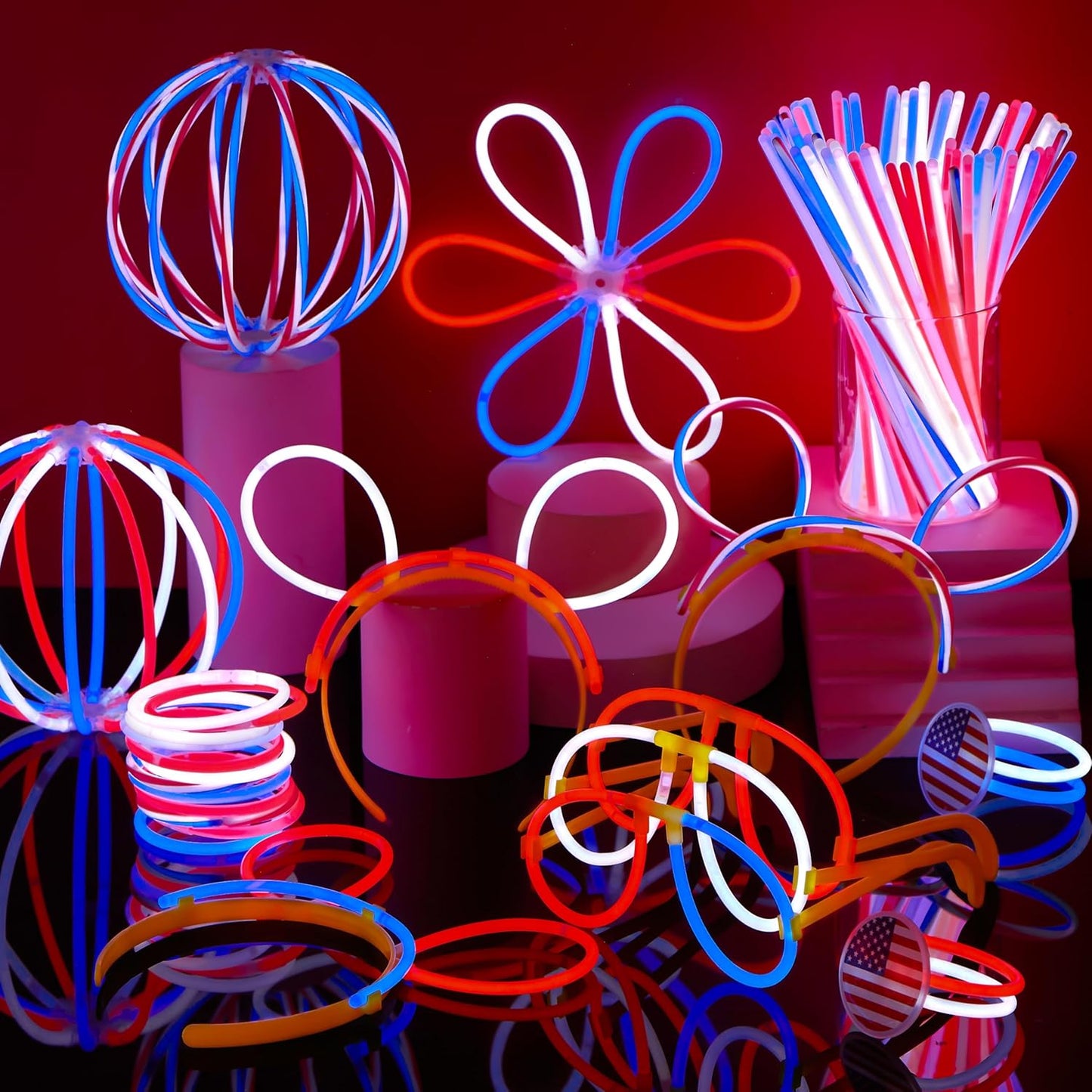 JOYIN 120 Pcs 4th of July Glow Sticks Bulk, 8” Red White Blue Striped Lightup Sticks with Connectors, Glow in the Dark Headband Bracelet Necklace for Independence Day Party Favor Accessory Supply