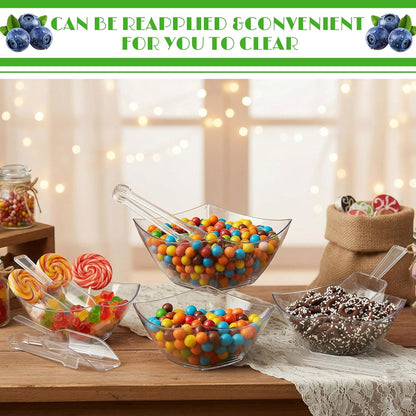 Vesici 48 Pcs 8 oz Clear Plastic Candy Bowls 24 Pcs with 12 Scoops and 12 Tongs Square Dessert Candy Bowl Buffet Containers Disposable Party Ice Cream Salad Dish for Serving Food Appetizers Supplies