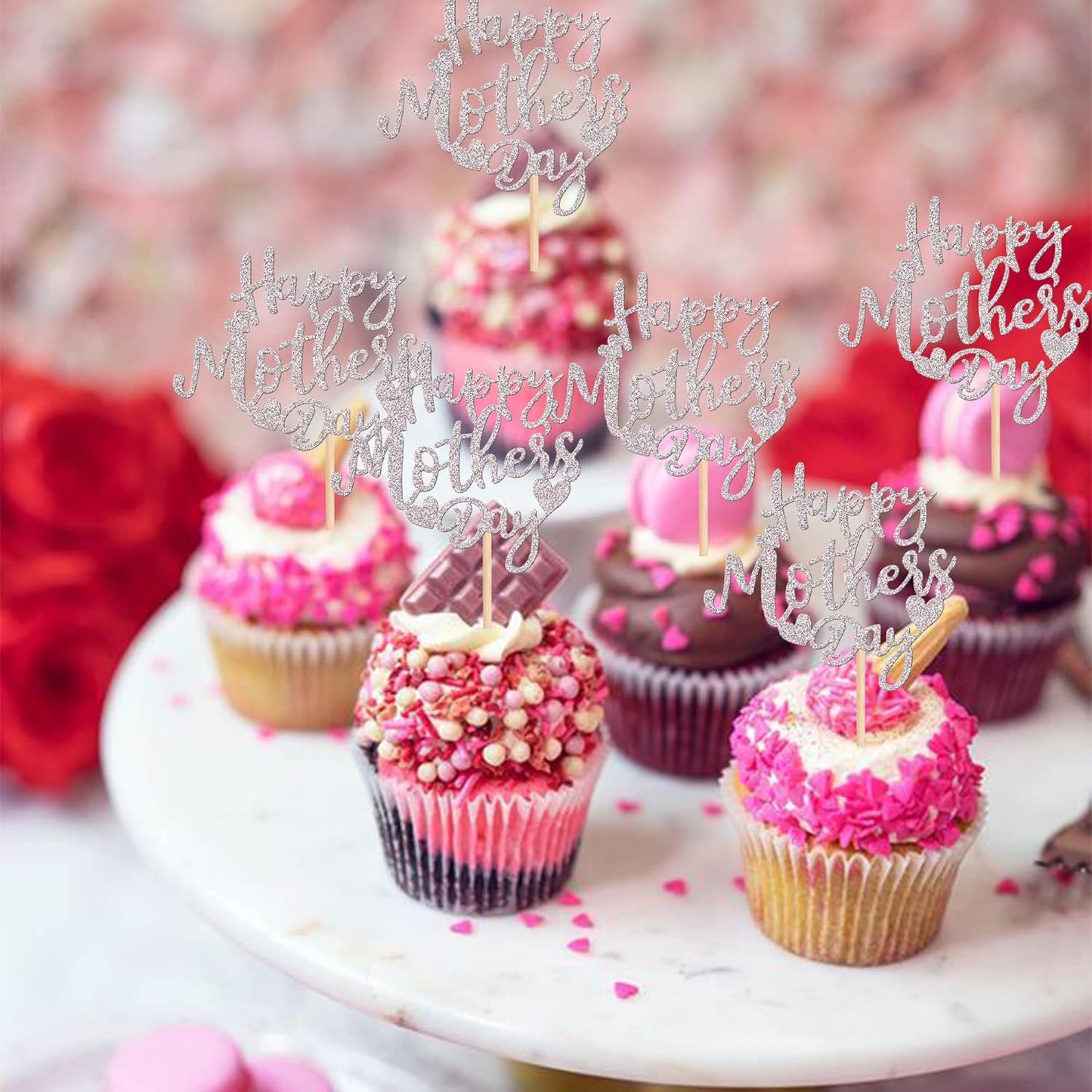 24 PCS Happy Mother's Day Cupcake Toppers with Glitter Heart Love Mother Best Mom Cupcake Picks for Happy Mother's Day Theme Women Birthday Party Cake Decorations Supplies Rose Gold