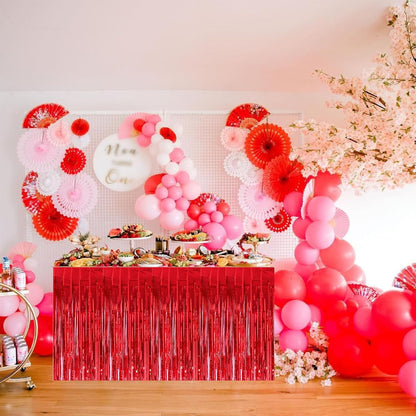 BEISHIDA 2 Pack Metallic Tinsel Foil Fringe Table Skirts for Rectangle & Round Tables Hot Pink Kids' Birthday, Holiday Cartoon Party Decorations for Birthday Valentines Baby Shower Festive Events